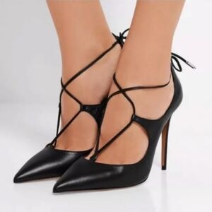 Aquazzura, Christy, Leather Laceup Heels, Black, Size 9